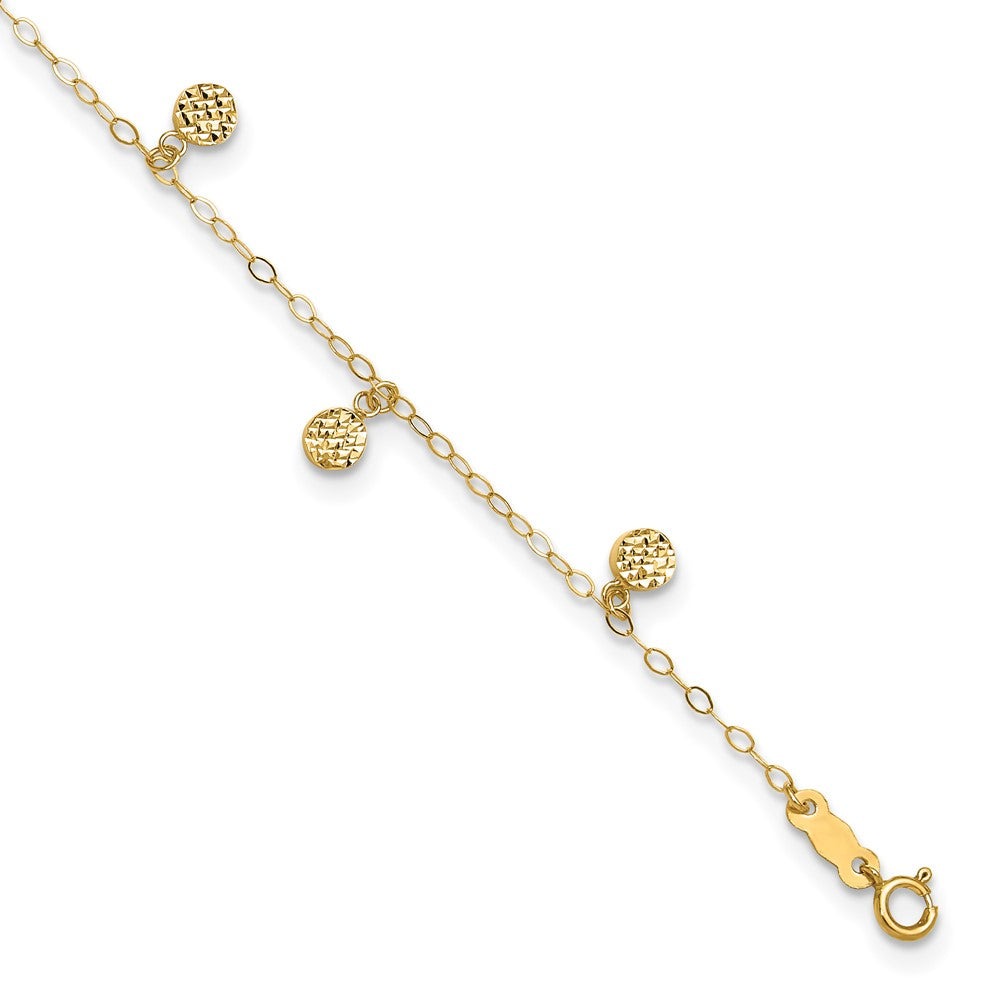 14k Textured and Polished Hollow Dangle Circles Anklet Plus Heart Dangle Extender