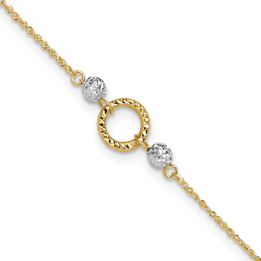 14k Two-tone Circle and Diamond-cut Beads Plus Bead Dangle Extender - Total Anklet