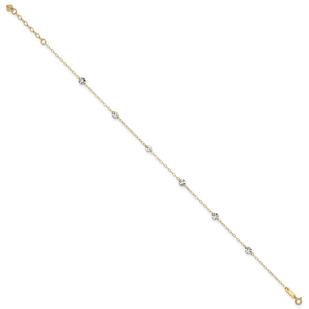 14K Two-tone Oval Cable Chain and Wavy Circles 6-Station Anklet Plus Heart Dangle Extender