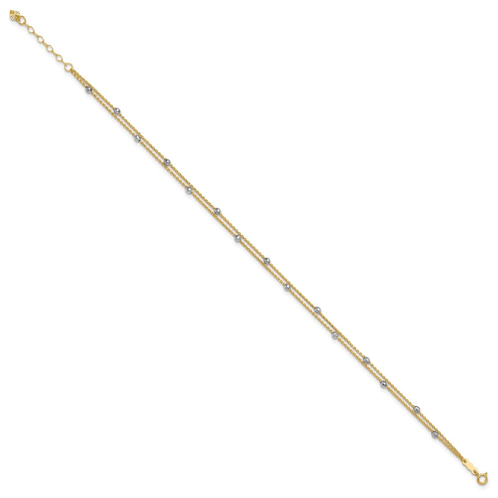 14K Two-tone 2 Stand Spiga Mirror Beads Plus Ext. Anklet