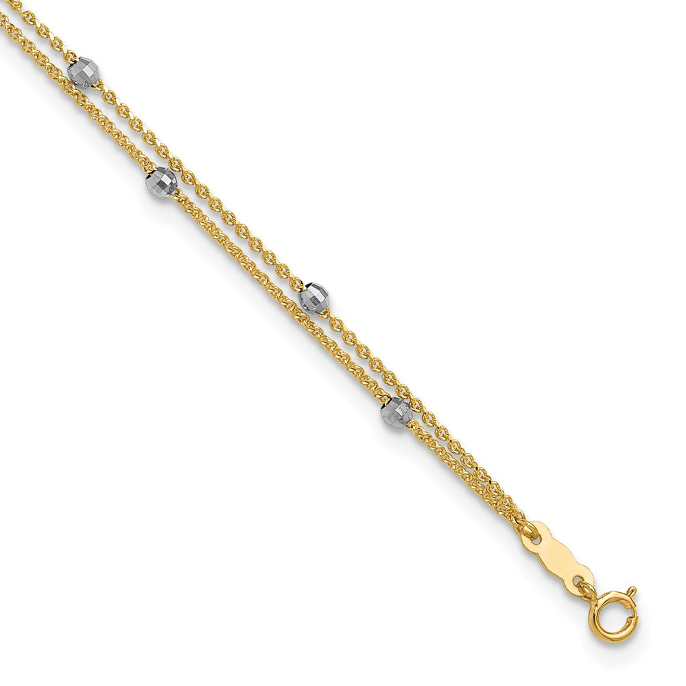14K Two-tone 2-Strand Spiga Chain with Mirror Beads Anklet Plus Heart Dangle Extender