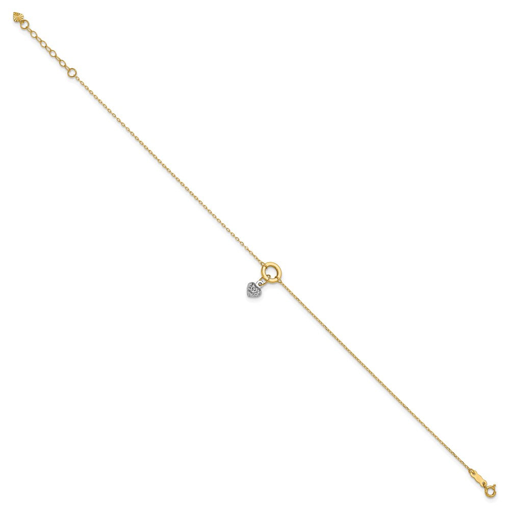 14K Two-tone Circle with Diamond-cut Puffed Heart Dangle Anklet Plus Heart Dangle Extender