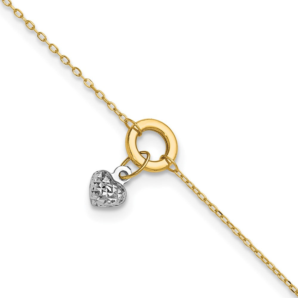 14K Two-tone Circle with Diamond-cut Puffed Heart Dangle Anklet Plus Heart Dangle Extender