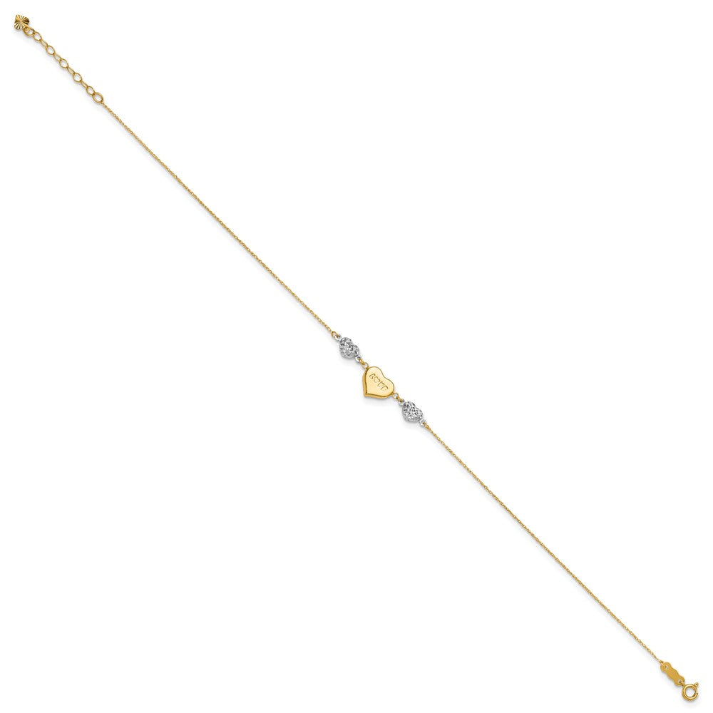 14K Two-tone Diamond-cut and LOVE Puffed Heart Anklet Plus Heart Dangle Extender