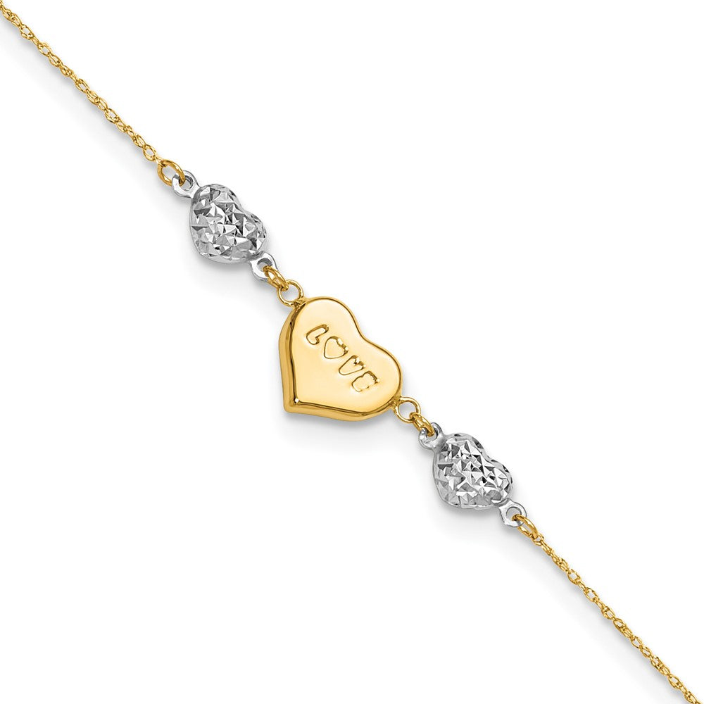 14K Two-tone Diamond-cut Puffed Heart LOVE Plus ext Anklet