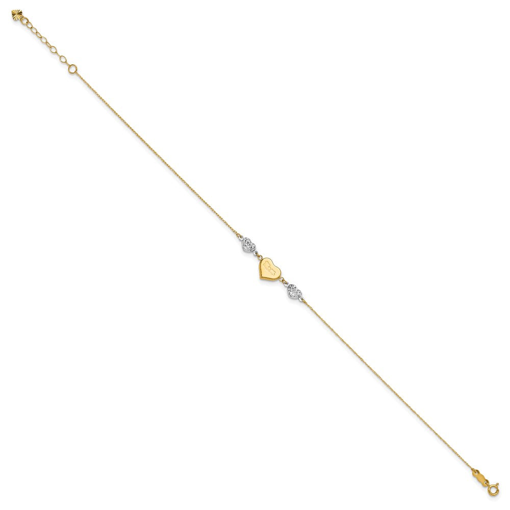 14K Two-tone Diamond-cut and MOM Puffed Heart Anklet Plus Heart Dangle Extender
