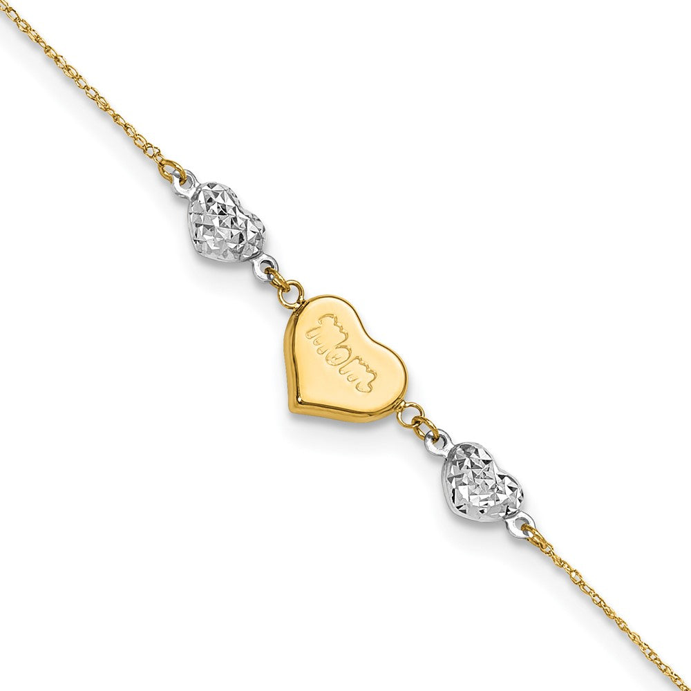 14K Two-tone Diamond-cut and MOM Puffed Heart Plus Extender - Total Anklet