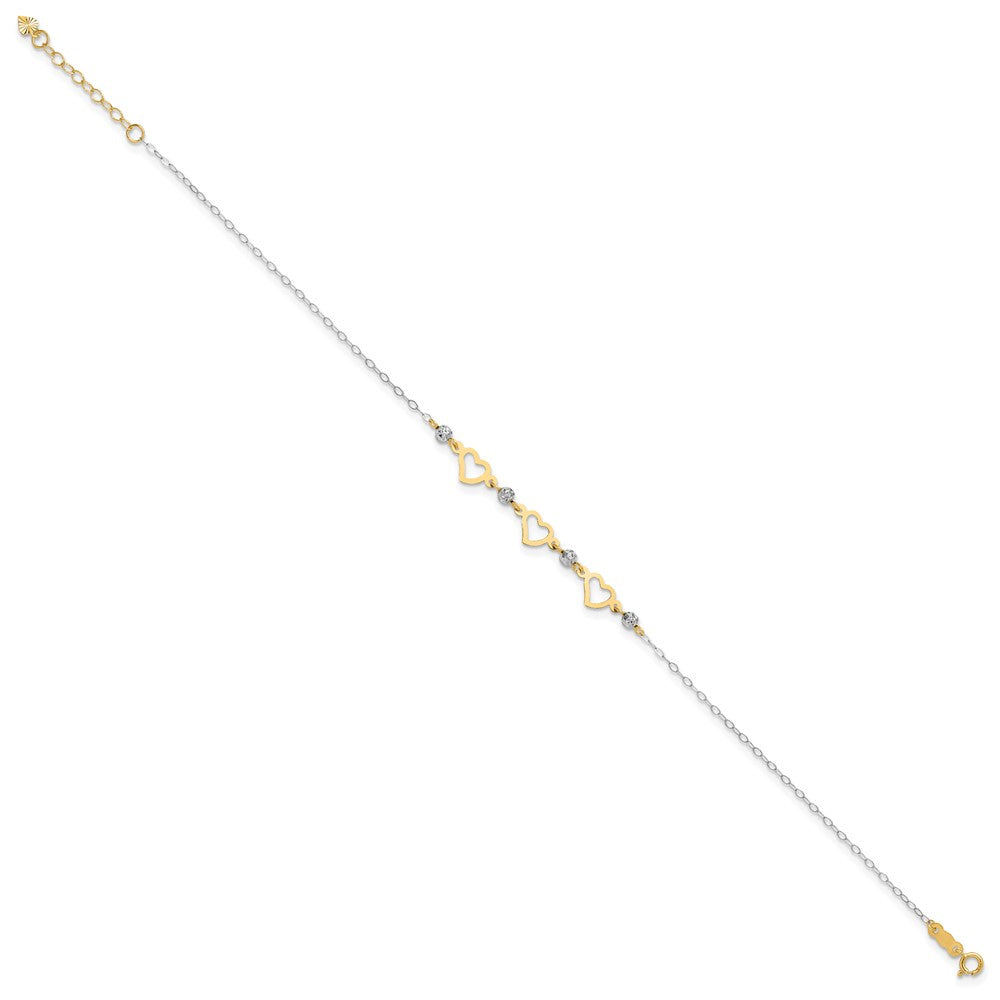 14K Two-tone Oval Link Diamond-cut Beads and 3-Hearts Anklet Plus Heart Dangle Extender