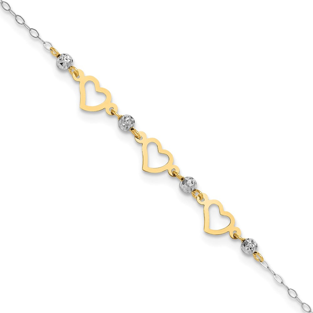 14K Two-tone Oval Link Diamond-cut Beads and 3-Hearts Anklet Plus Heart Dangle Extender