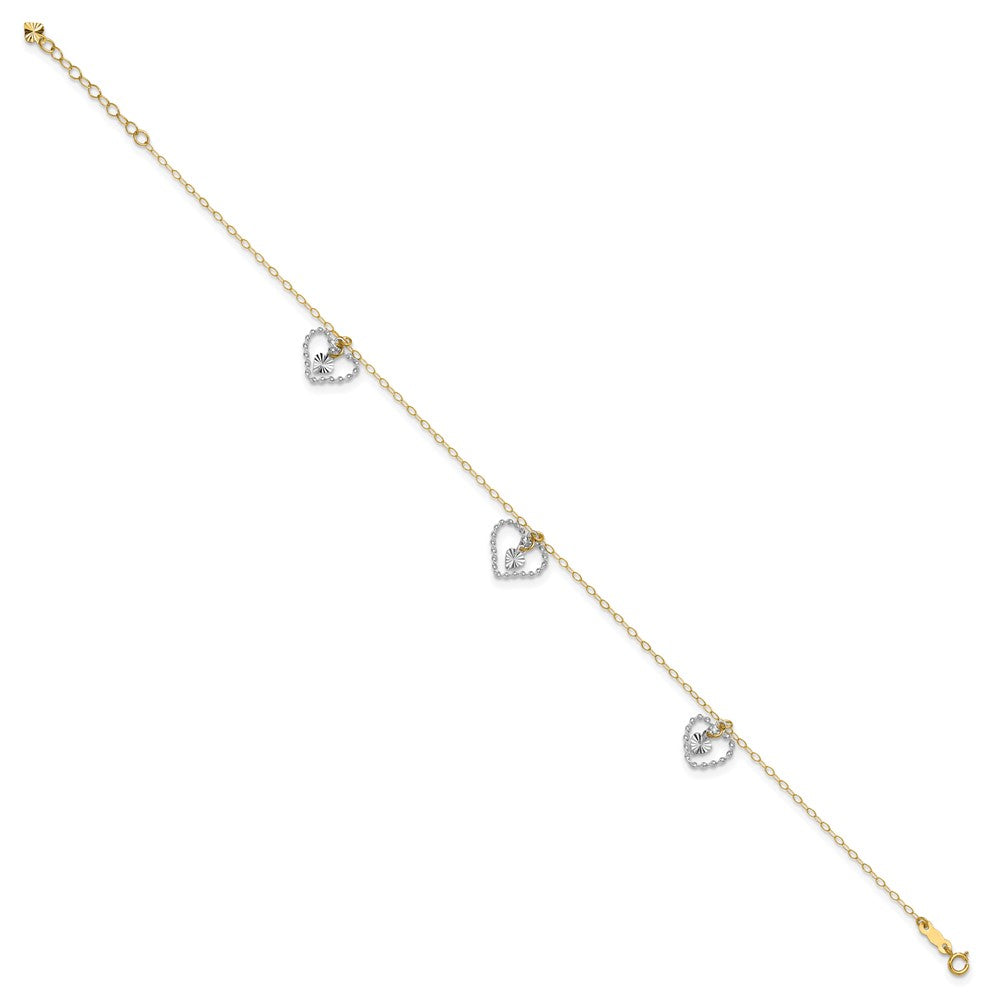 14K Two-tone Twisted and Diamond-cut 3 Heart Dangles Anklet Plus Heart Dangle Extender