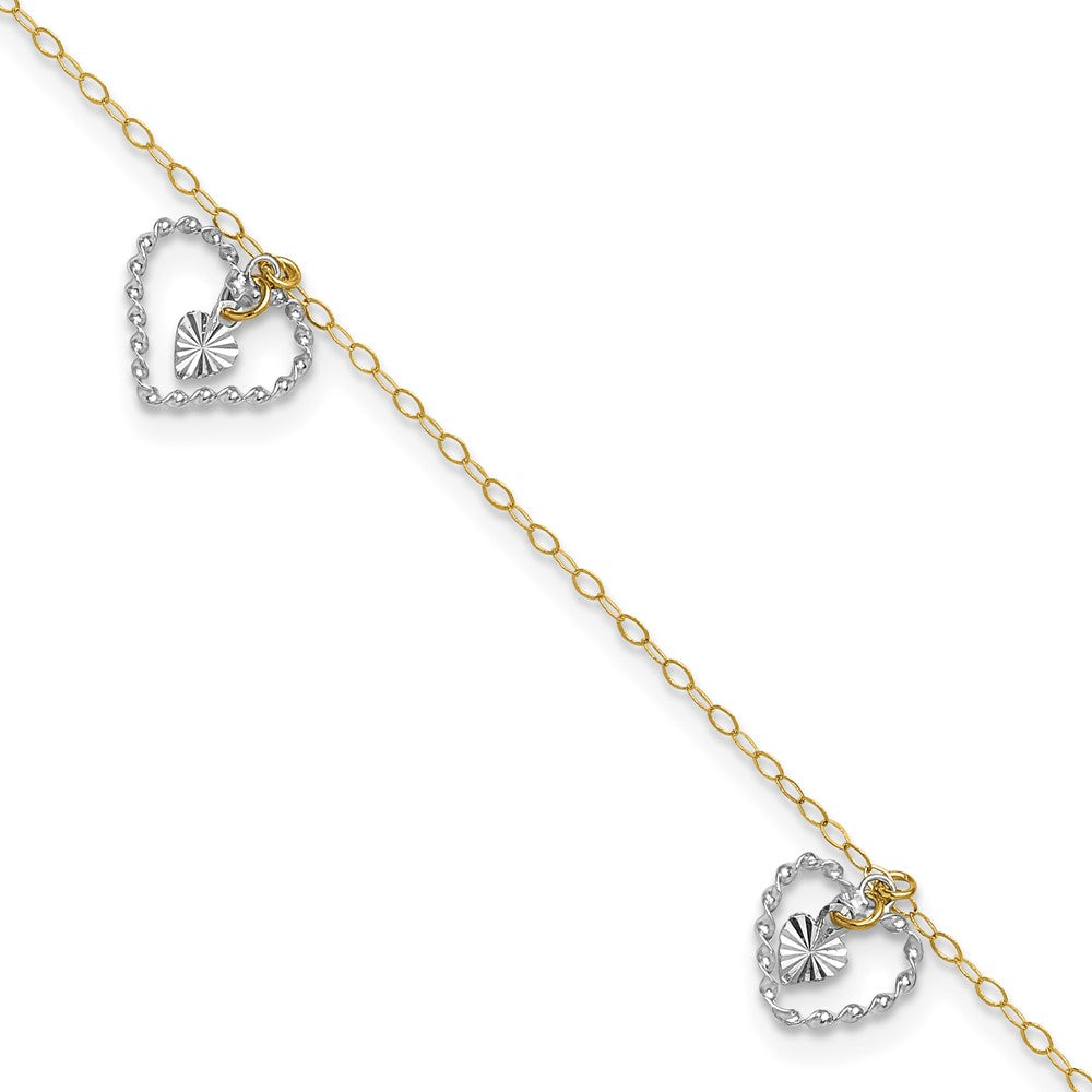 14K Two-tone Twisted and Diamond-cut 3 Heart Dangles Anklet Plus Heart Dangle Extender