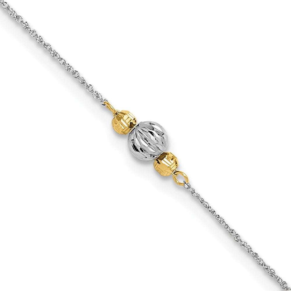14K Two-tone Ropa Chain and Diamond-cut Beads Anklet Plus Heart Dangle Extender