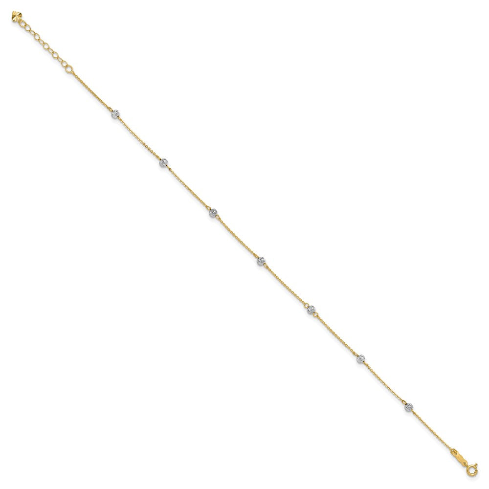 14K Two-tone Diamond-cut Beads Plus Ext. Anklet