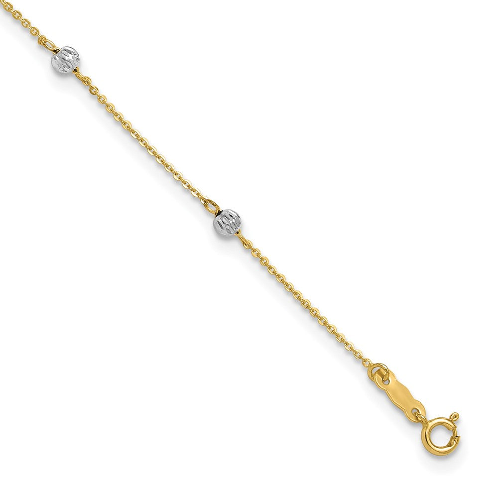 14K Two-tone Diamond-cut Beads Plus Ext. Anklet