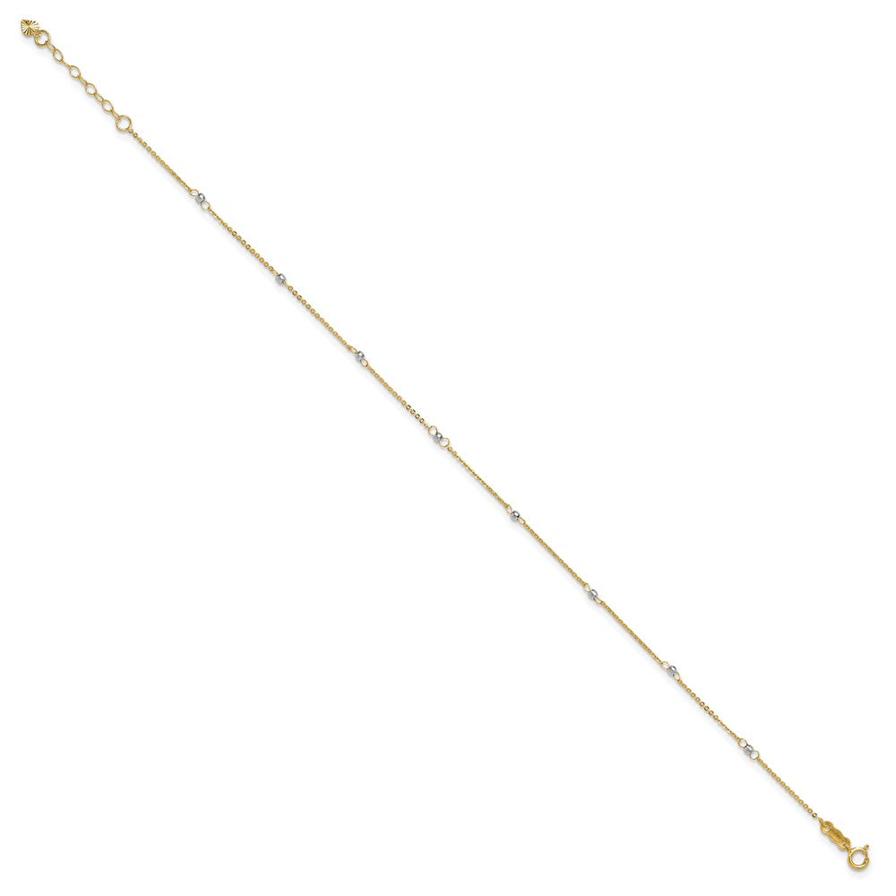 14k Two-tone Cable Chain with Mirror Beads 8-Station Anklet Plus Heart Dangle Extender