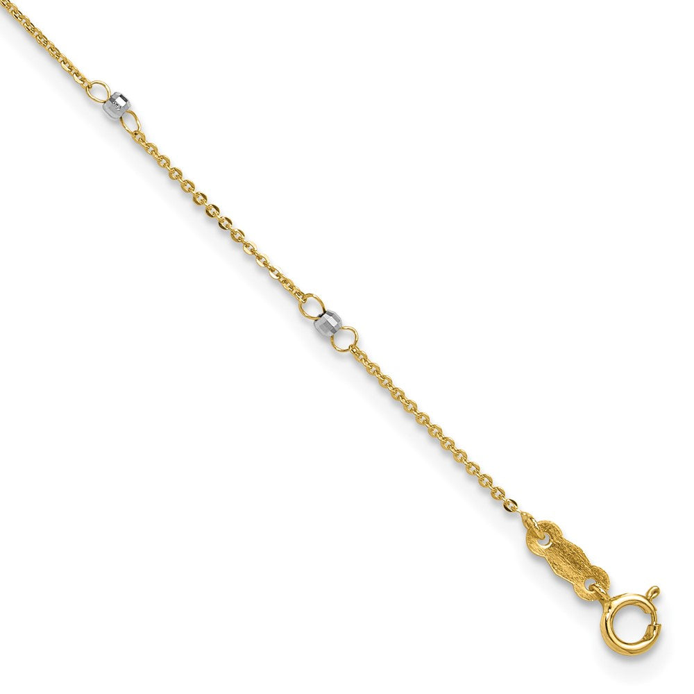 14k Two-tone Cable Chain with Mirror Beads 8-Station Anklet Plus Heart Dangle Extender