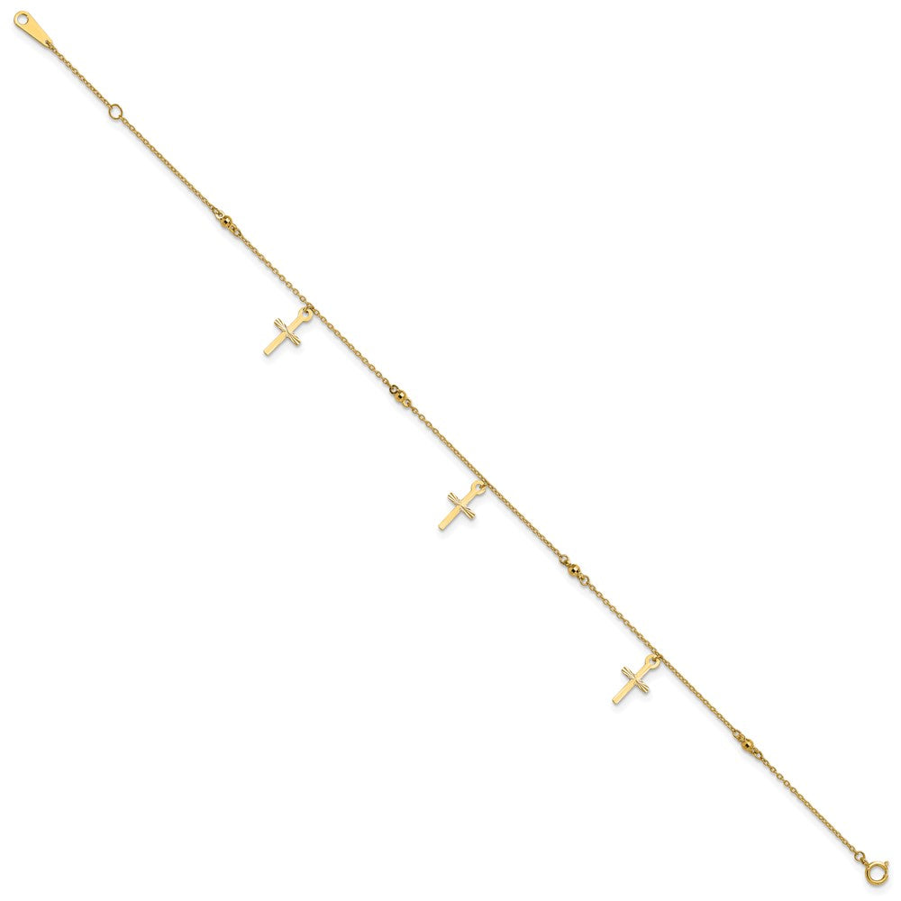 14k Polished Diamond-cut 3 Cross Dangles and Beads Anklet Plus Extender