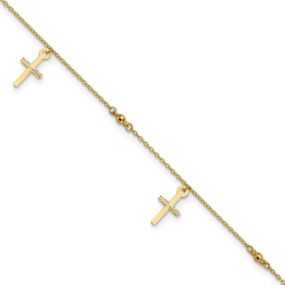 14k Polished Diamond-cut 3 Cross Dangles and Beads Anklet Plus Extender