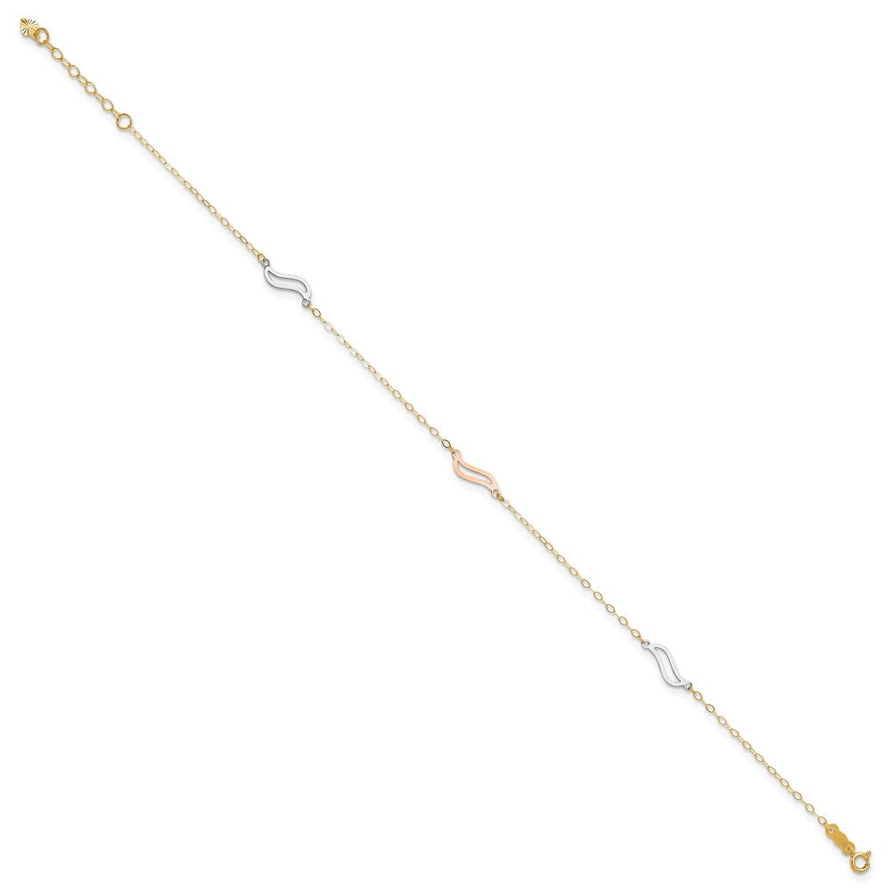 14K Tri-color Open S-Links 3-Station Anklet Plus Heart Dangle Extender