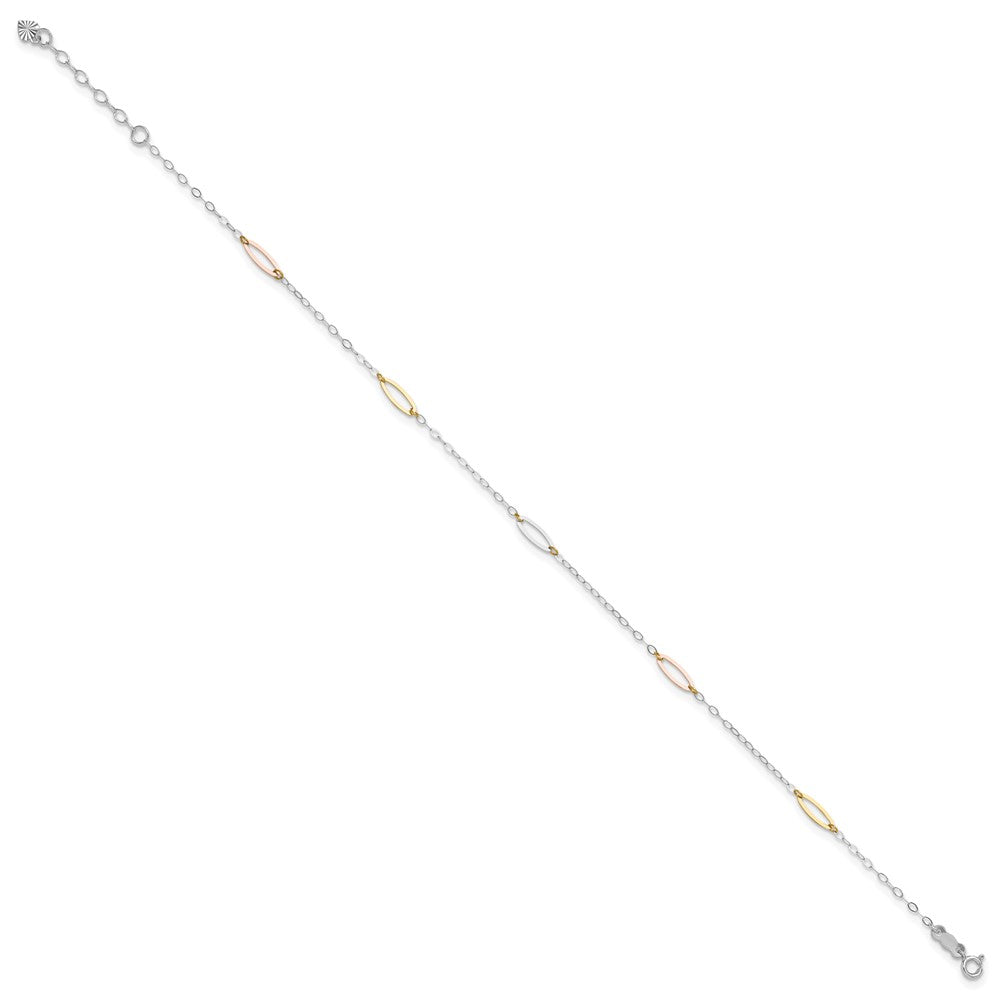 14K Tri-color Oval Link 5-Station Anklet Plus Heart Dangle Extender