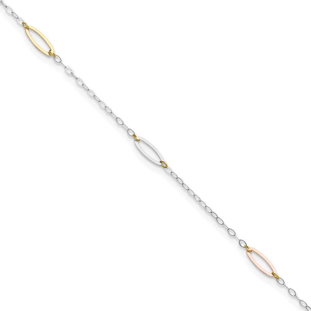 14K Tri-color Oval Link 5-Station Anklet Plus Heart Dangle Extender