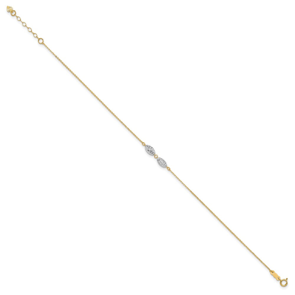 14K Two-tone Diamond Cut Puff Rice Beads Plus Ext Anklet