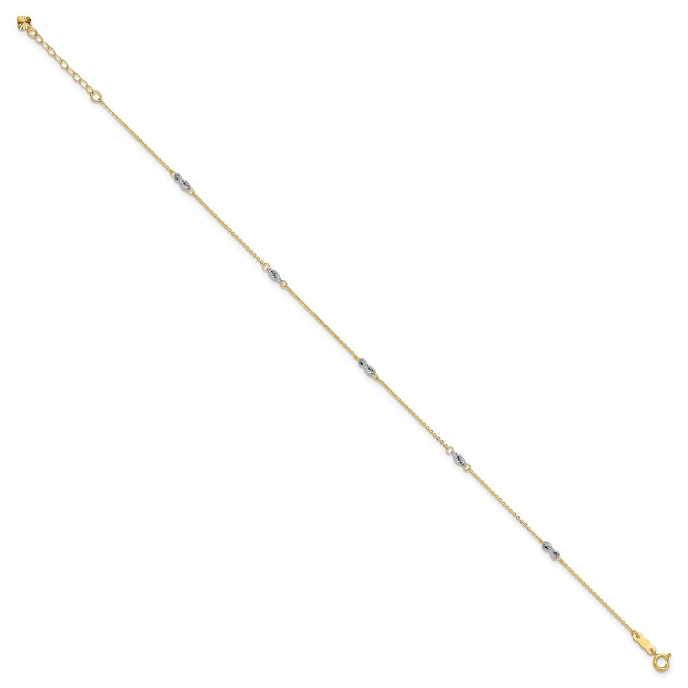 14K Two-tone Fancy Twist 5-Station Anklet Plus Heart Dangle Extender