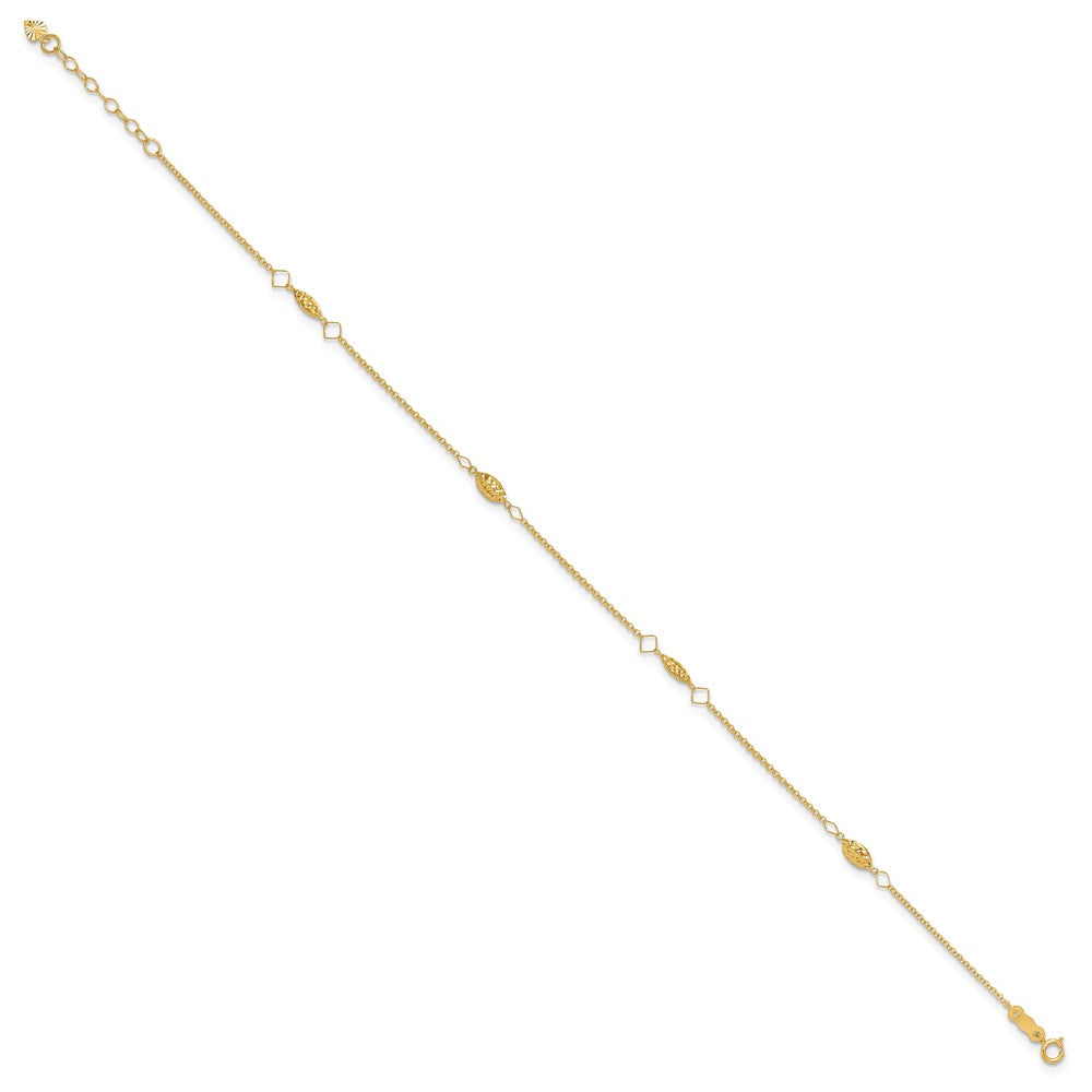 14K Cable Chain and Diamond-cut Rice Puff Beads 4-Station Anklet Plus Heart Dangle Extender