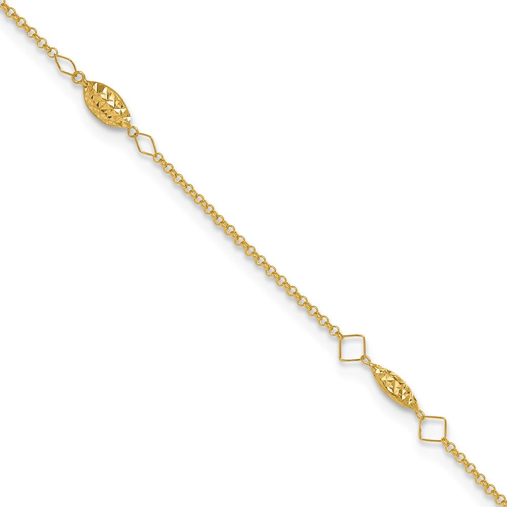 14K Cable Chain and Diamond-cut Rice Puff Beads 4-Station Anklet Plus Heart Dangle Extender