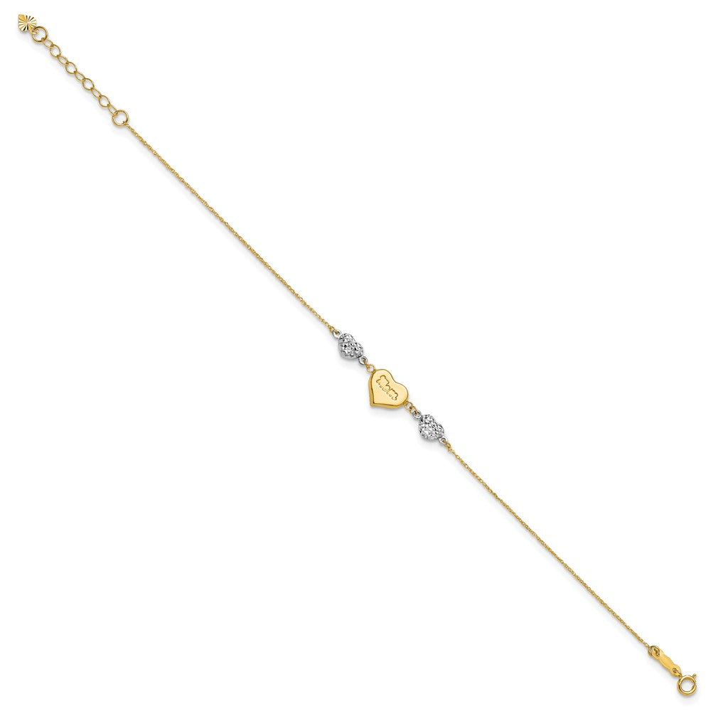 14K Two-tone Puffed MOM Heart and Diamond-cut Beads Bracelet Plus Heart Dangle Extender