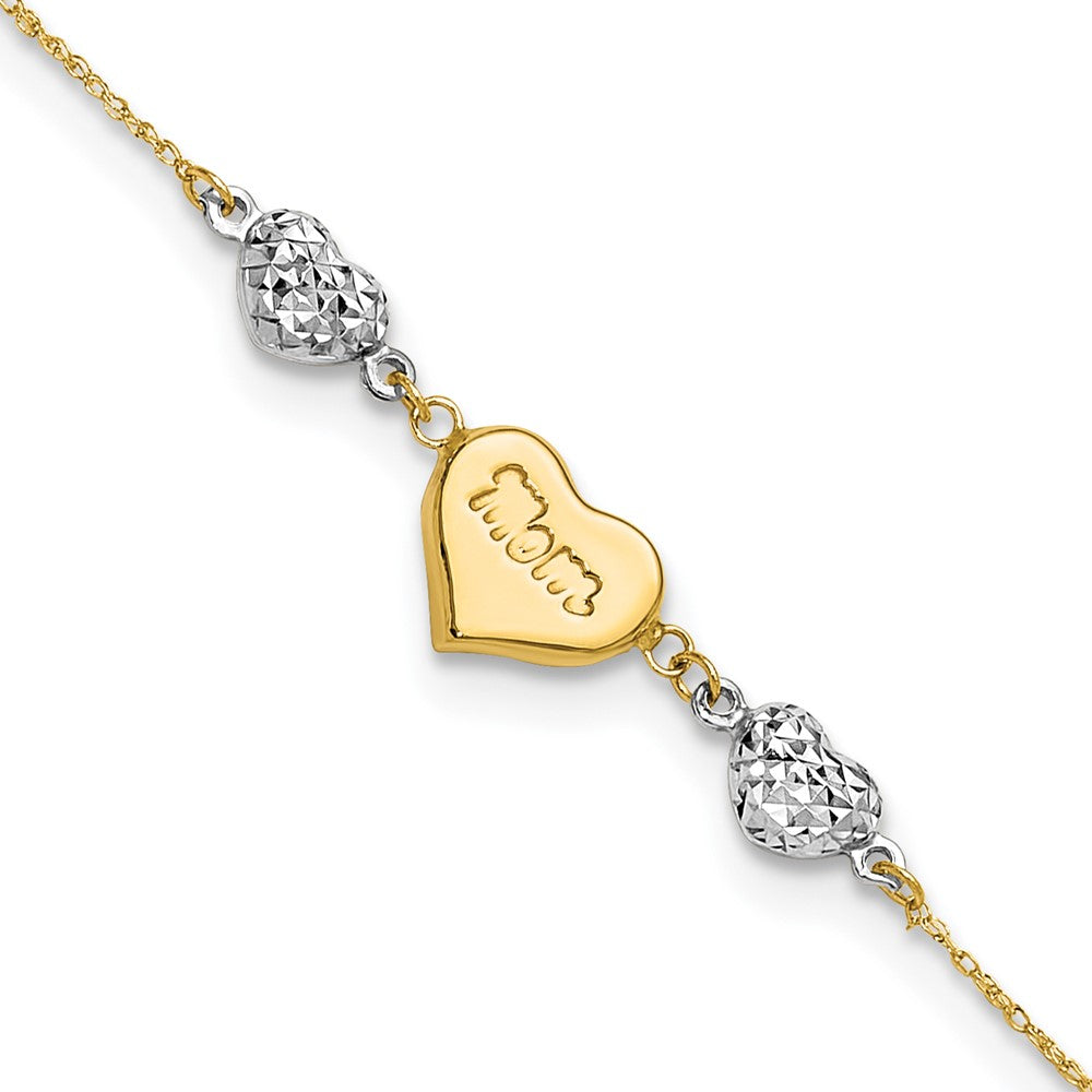 14K Two Tone Puffed MOM Heart w/ 1 In Ext Bracelet