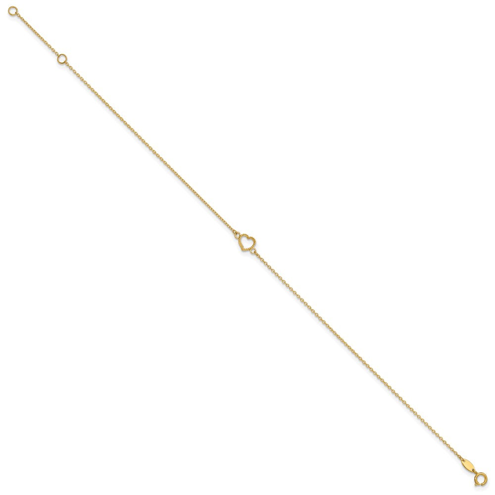 14K Textured and Polished Open Heart Anklet Plus Extender