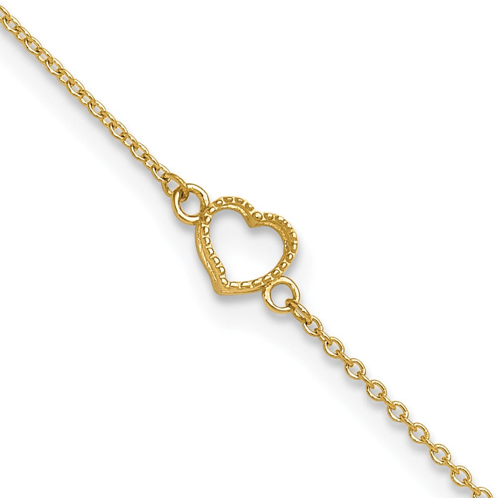 14K Textured and Polished Open Heart Anklet Plus Extender