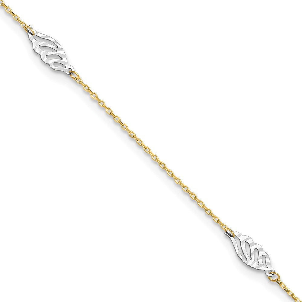 14K Two-Tone Diamond-cut Polished Leaf Plus ext. Anklet