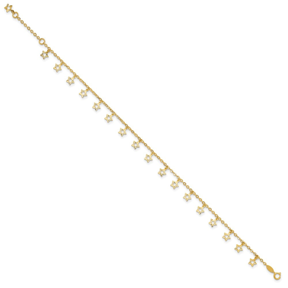 14k Polished and Textured Dangle Stars Anklet Plus Star Dangle Extender