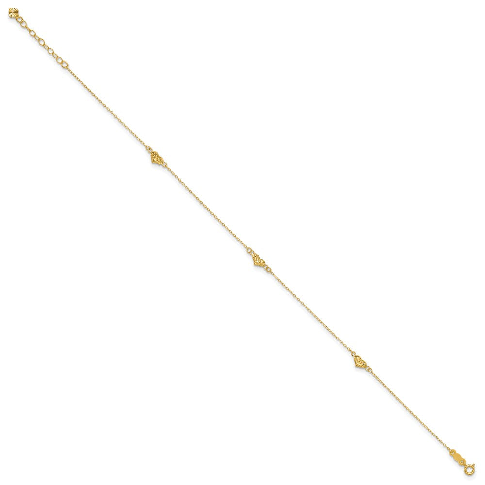 14k Polished Diamond-cut Triple Puffed Hearts Plus Extender - Total Anklet