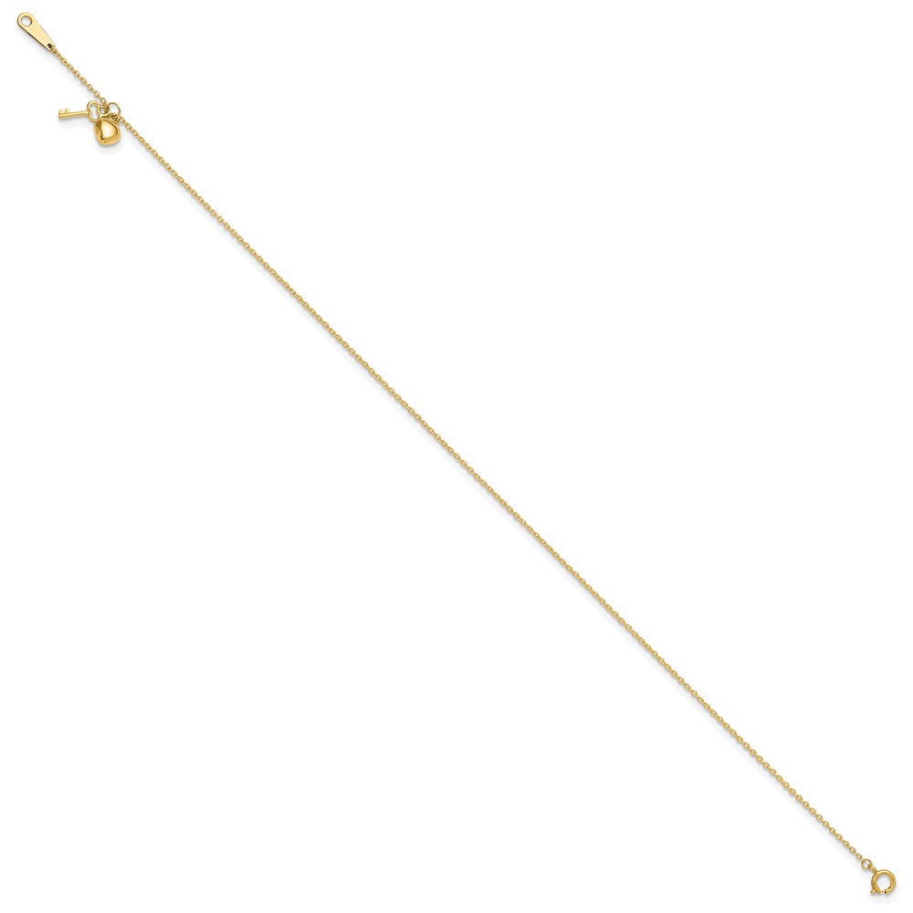 14k Oval Link Chain with Puffed Heart and Key Dangle Anklet Plus Extender