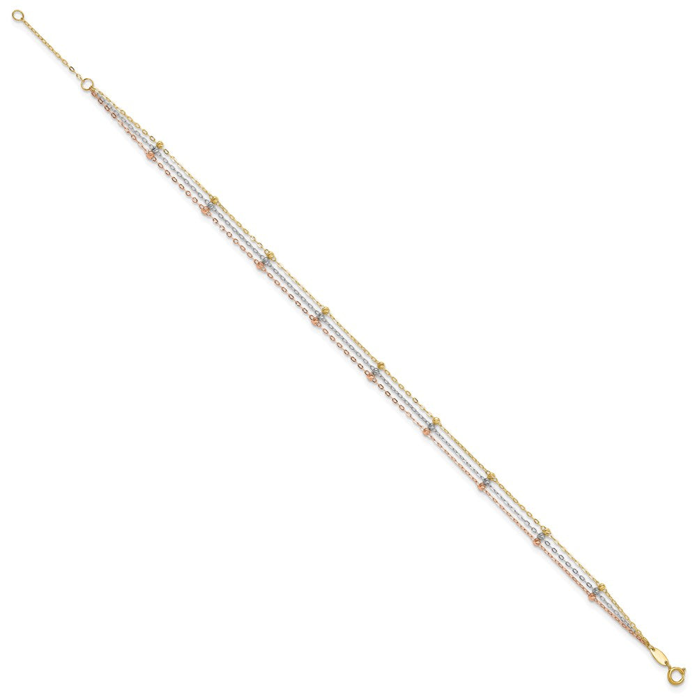 14k Tri-color 3-Strand Diamond-cut Beaded 9-Station Anklet Plus Extender