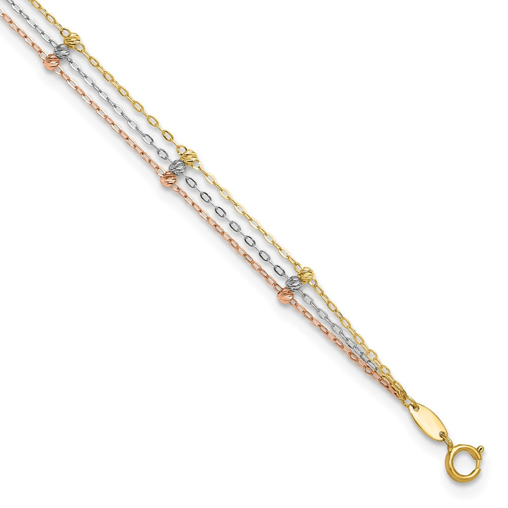 14k Tri-color 3-Strand Diamond-cut Beaded 9-Station Anklet Plus Extender