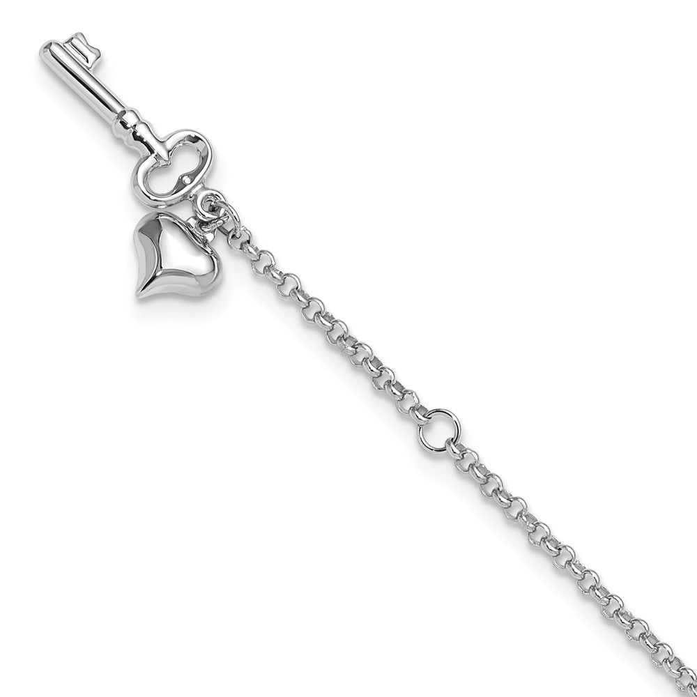 14k White Gold Adj Polished Puffed Heart Key Plus ext. Anklet