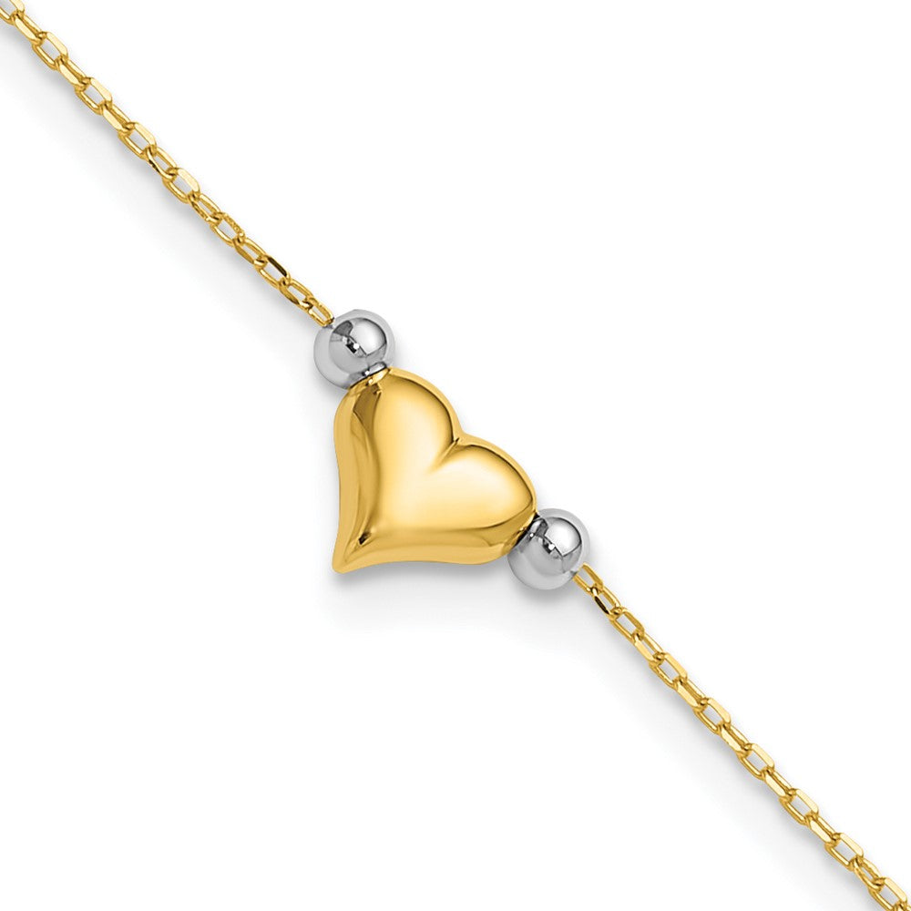 14k Two-Tone Polished Puffed Heart with Beads Anklet