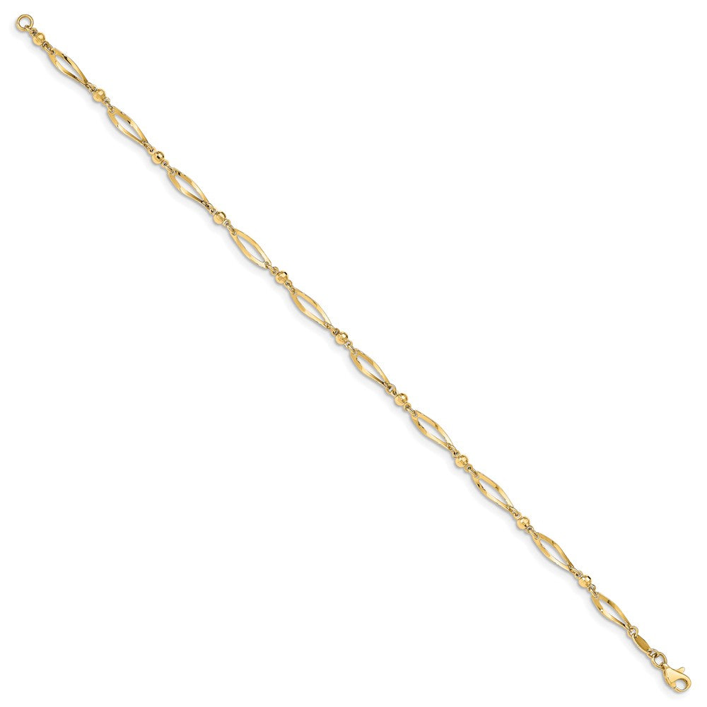 14k Polished Twisted Oval and Mirror Beads Anklet