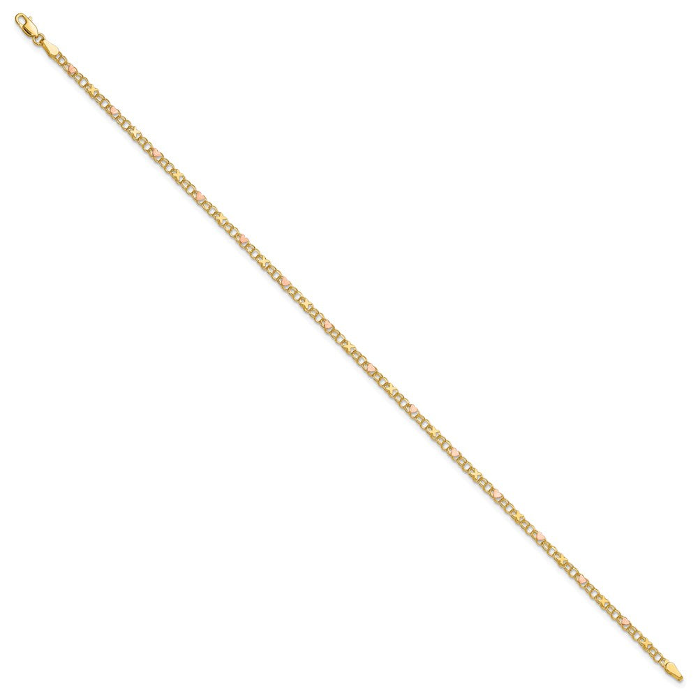 14k Polished and Satin Rose-plated X-and-Heart Anklet