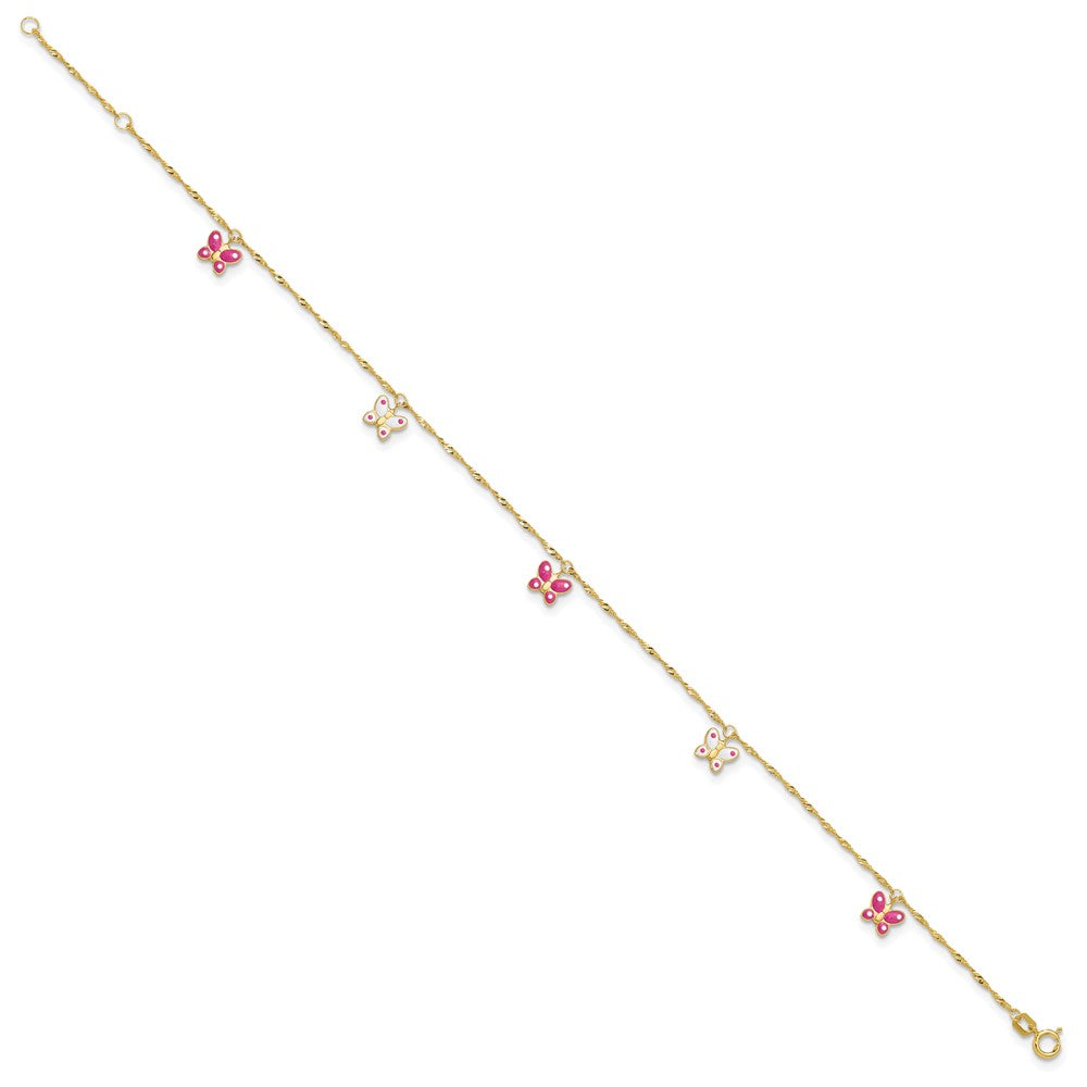 14k Pink and White Enameled Butterfly Dangles Plus Extender - Total Anklet