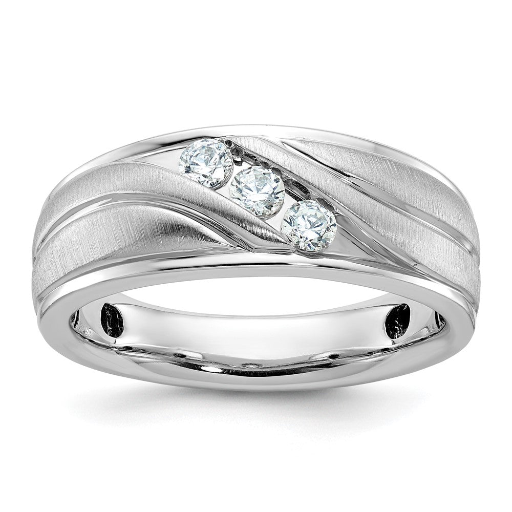 IBGoodman 14k White Gold Men's Polished Satin and Grooved 3-Stone 1/3 Carat Lab Grown Diamond Ring