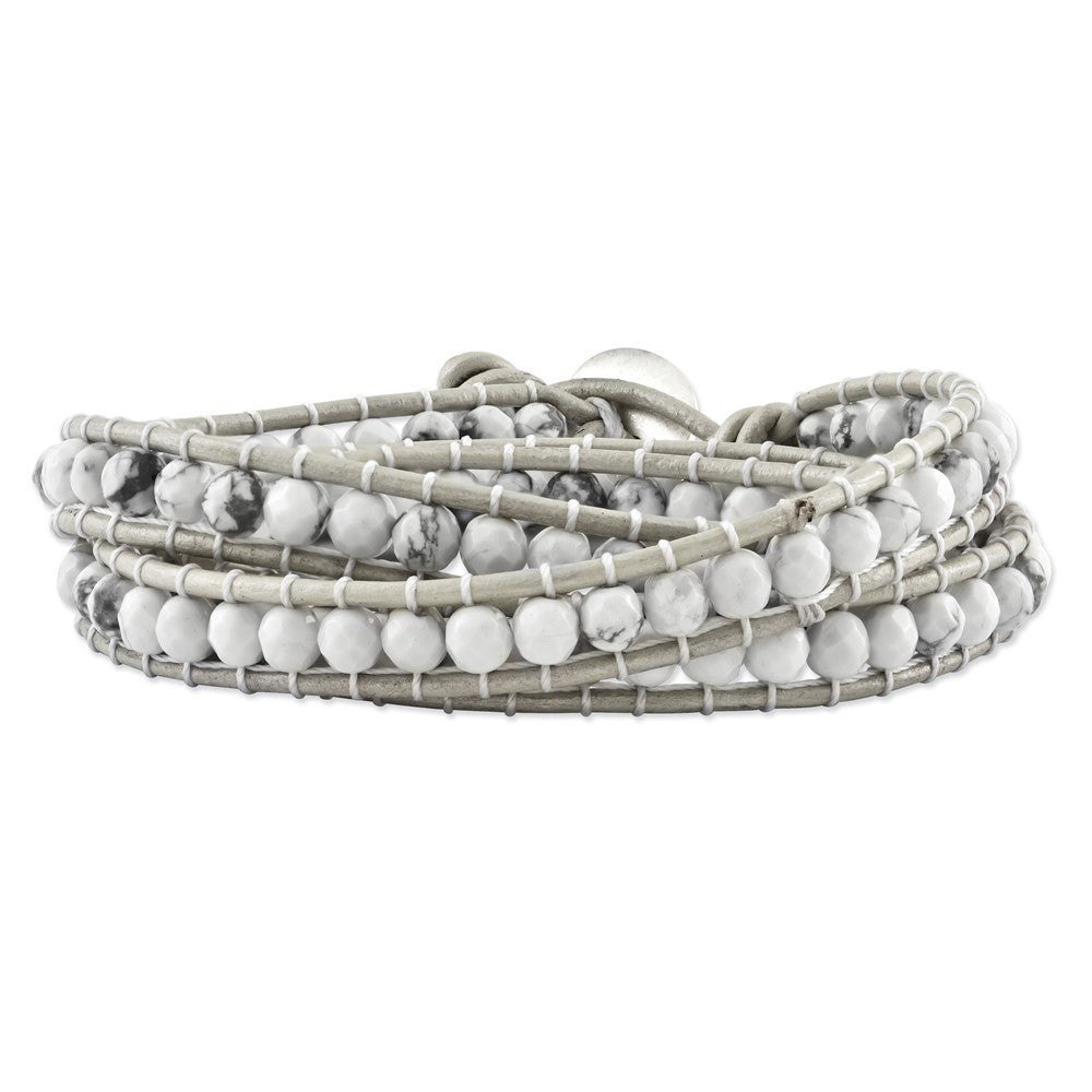 White Howlite Beads with Grey Leather Cord Plus Multi-wrap Bracelet