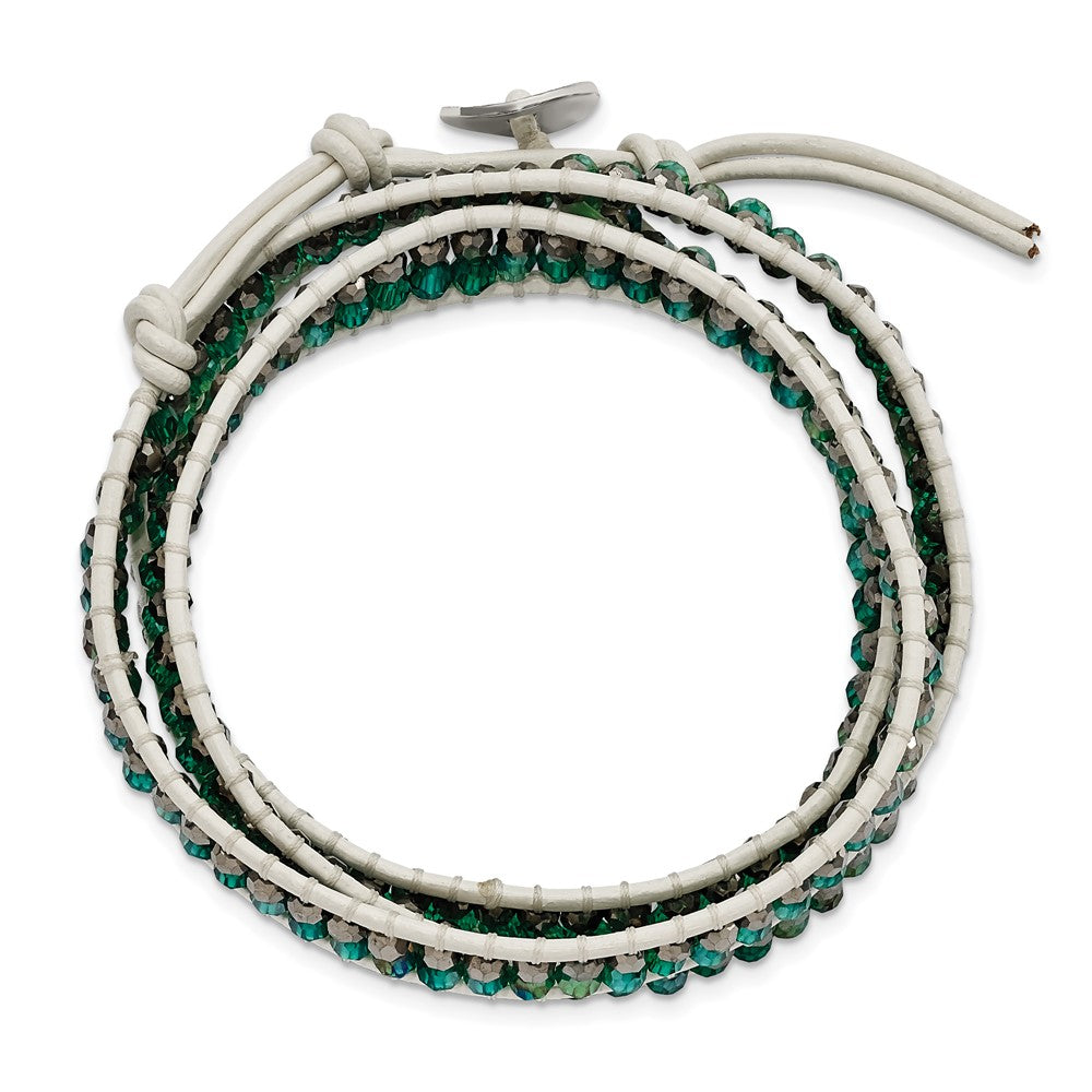 Green Aurora Borealis/Grey Crystal Beads with Leather Cord Plus Multi-wrap Bracelet