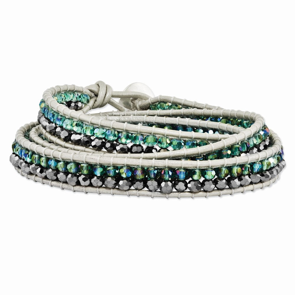 Green Aurora Borealis/Grey Crystal Beads with Leather Cord Plus Multi-wrap Bracelet
