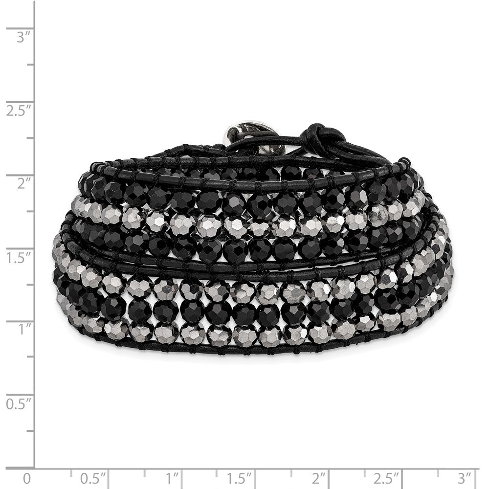 Black Aurora Borealis/Grey Crystal Bead/Leather Multi-wrap Bracelet