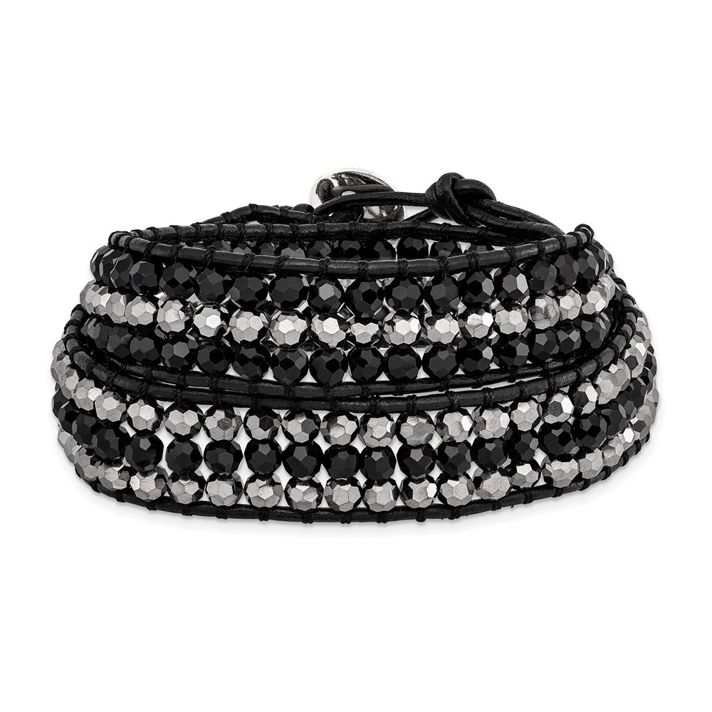 Black Aurora Borealis/Grey Crystal Beads with Black Leather Cord Plus Multi-wrap Bracelet